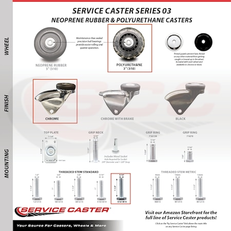 Service Caster 3 Inch Bright Chrome Hooded Polyurethane 5/16 Inch Threaded Stem Casters, 4PK SCC-TS03S310-PPUBD-BC-5161815-4